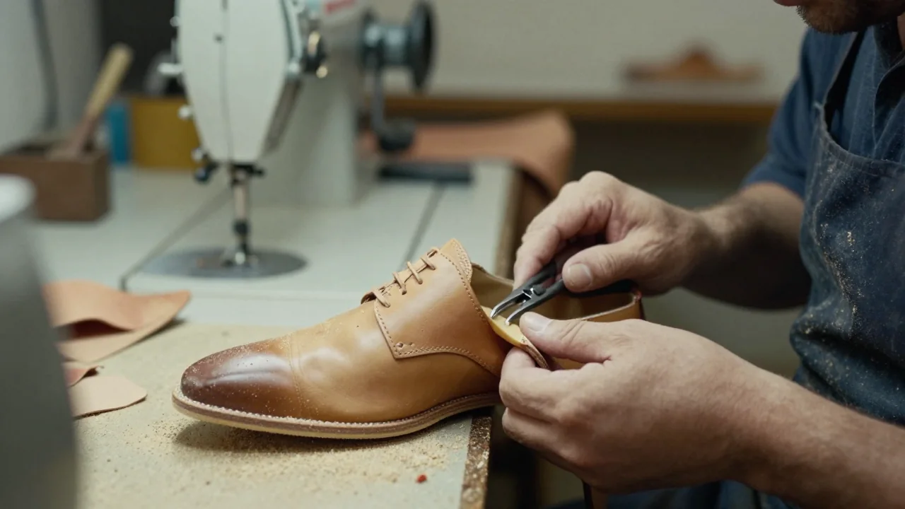 Les mains d'un monteur tirant à la pince une tige en cuir fauve sur sa forme, l'étape du montage qui détermine l'origine d'une chaussure