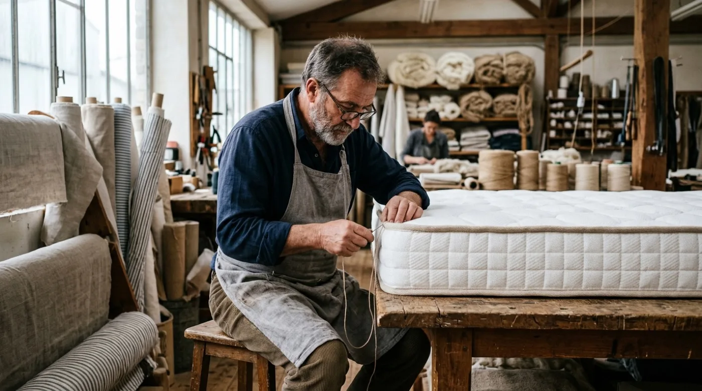 Artisan matelassier cousant à la main le bourrelet d'un matelas blanc dans un atelier de literie français, rouleaux de coutil et de laine à l'arrière-plan