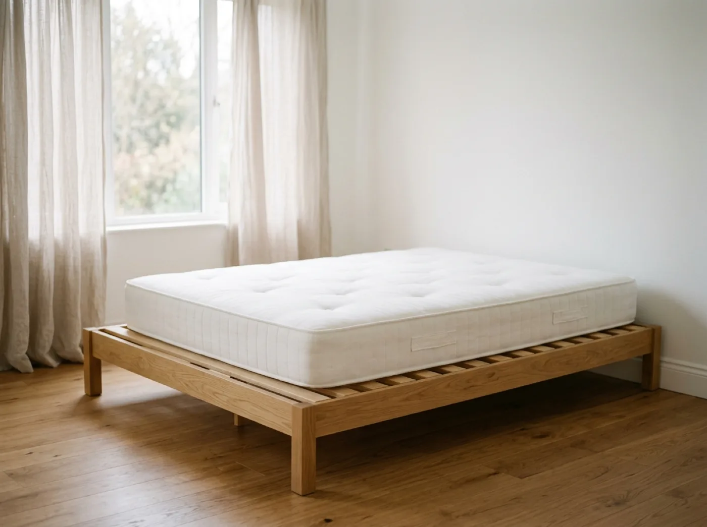 Matelas nu posé sur un sommier à lattes en chêne dans une chambre vide et lumineuse, sans linge de lit