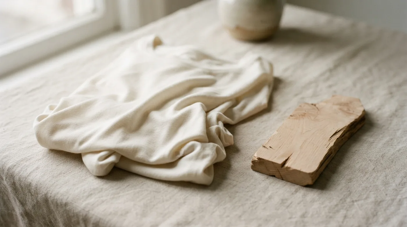 Tee-shirt en jersey de modal blanc cassé plié, à côté d'une chute de bois de hêtre au grain clair, sur une surface en lin