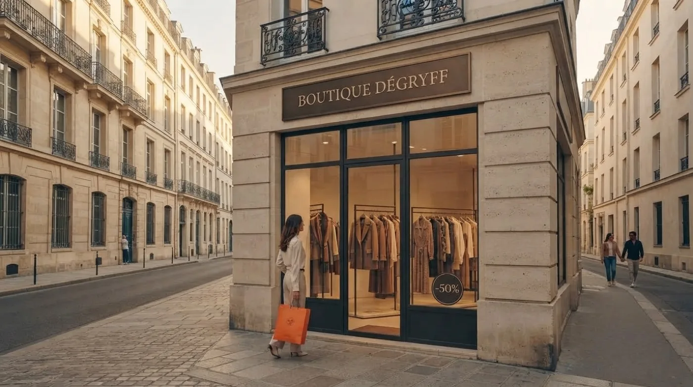 Vitrine d’une boutique de stock de marque dans une rue parisienne, portants de vêtements et étiquettes de réduction visibles depuis le trottoir