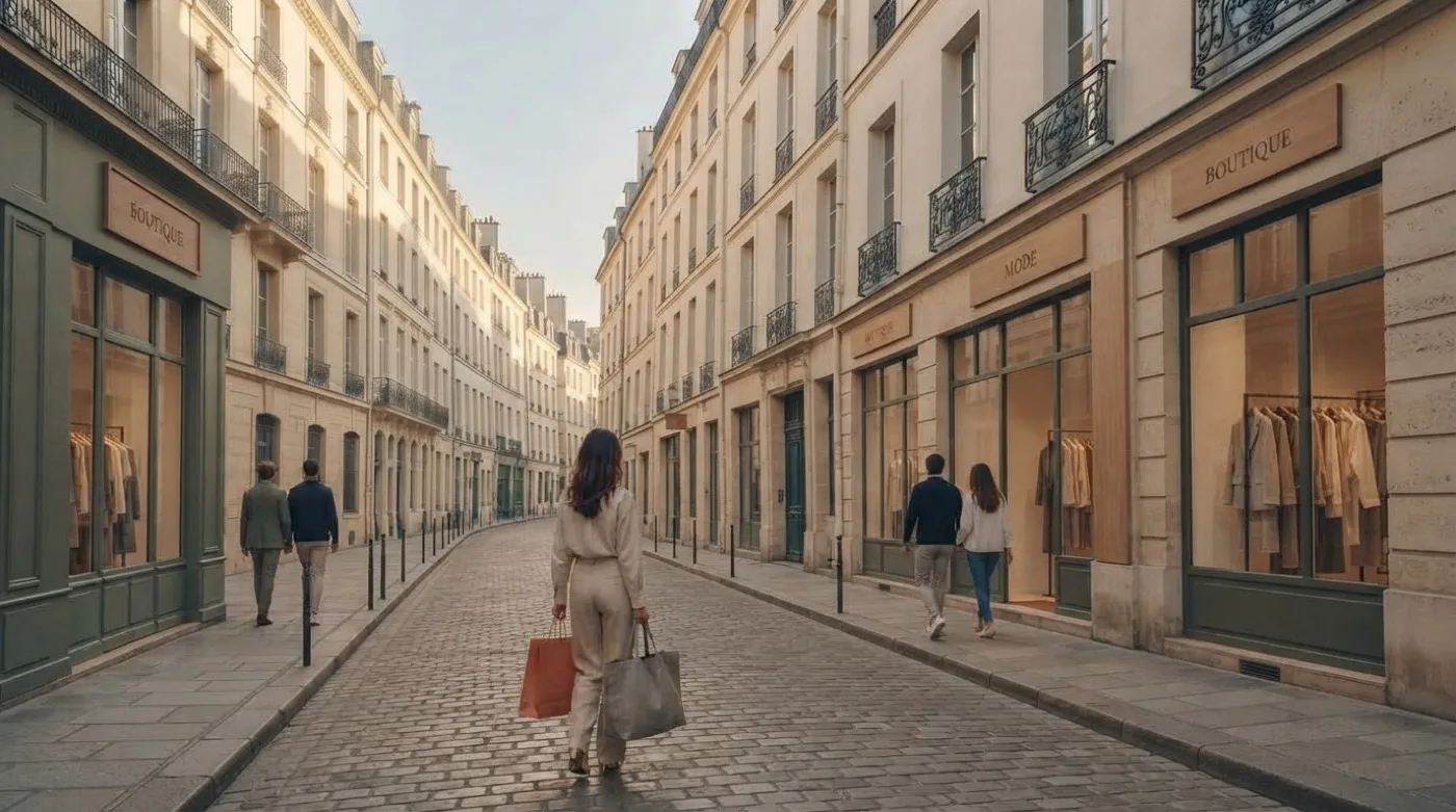 Rue pavée du Marais bordée de devantures de mode, passants avec des sacs de courses le long des vitrines
