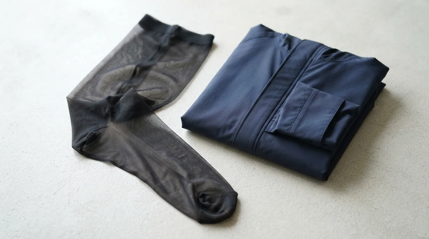 Collant en nylon noir et veste technique en polyamide bleu marine pliée, posés sur une surface claire, texture et léger brillant de la maille visibles