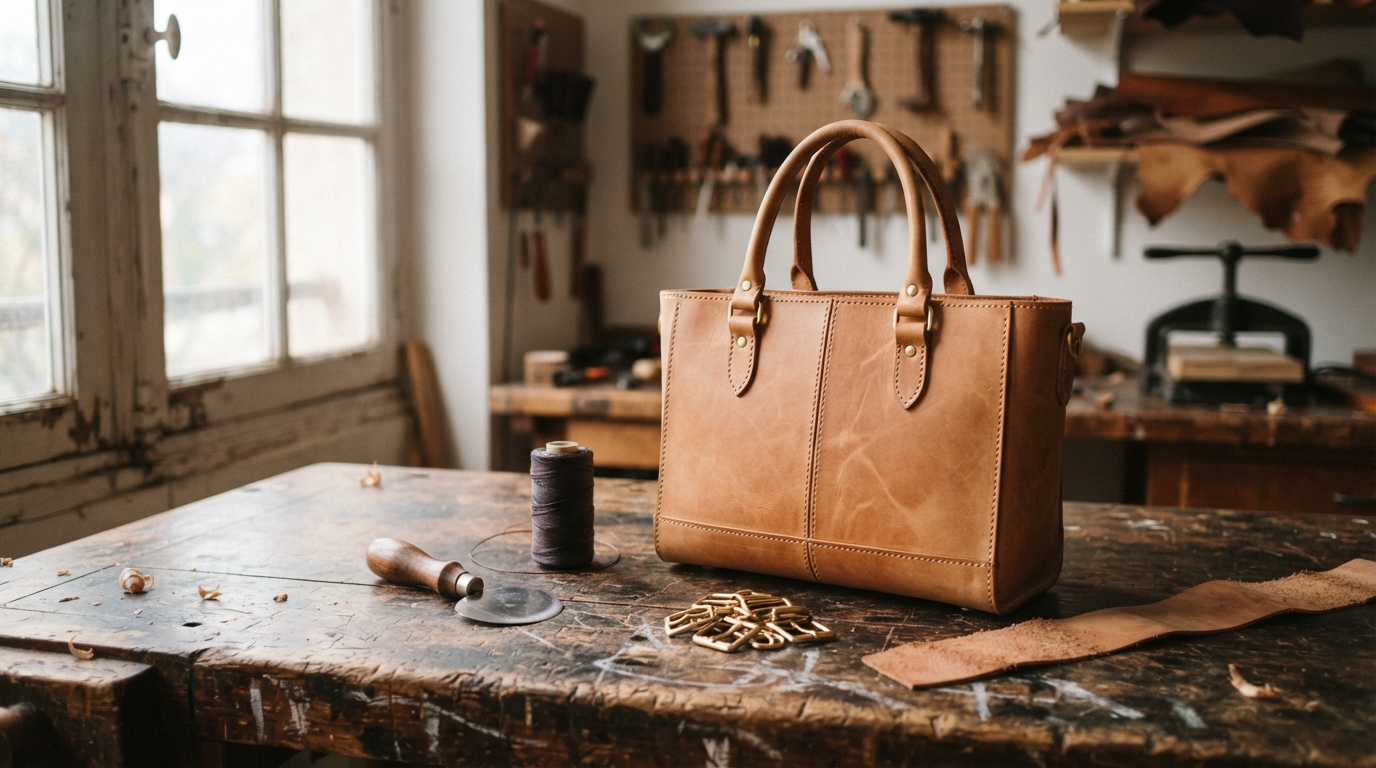 Sac à main en cuir naturel posé sur l'établi d'un atelier de maroquinerie française, entouré des outils du sellier