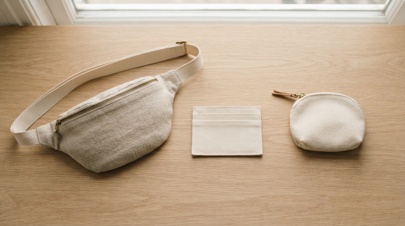 Sac banane en lin écru, porte-cartes et porte-monnaie en toile végétale posés à plat sur un plan de travail en bois clair