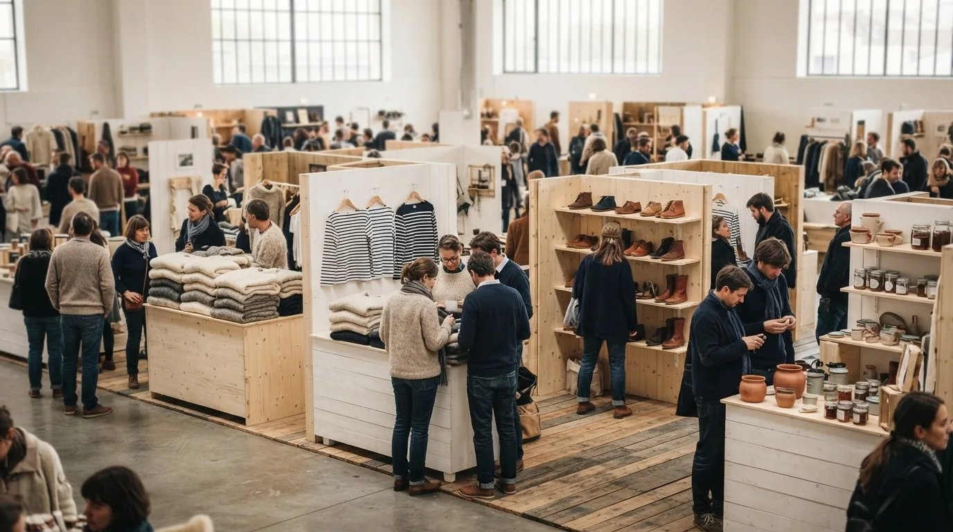 Une allée de salon du made in France dans un grand hall lumineux : stands en bois clair avec pulls en laine pliés, marinières sur cintres, chaussures en cuir et bocaux, visiteurs qui flânent entre les exposants