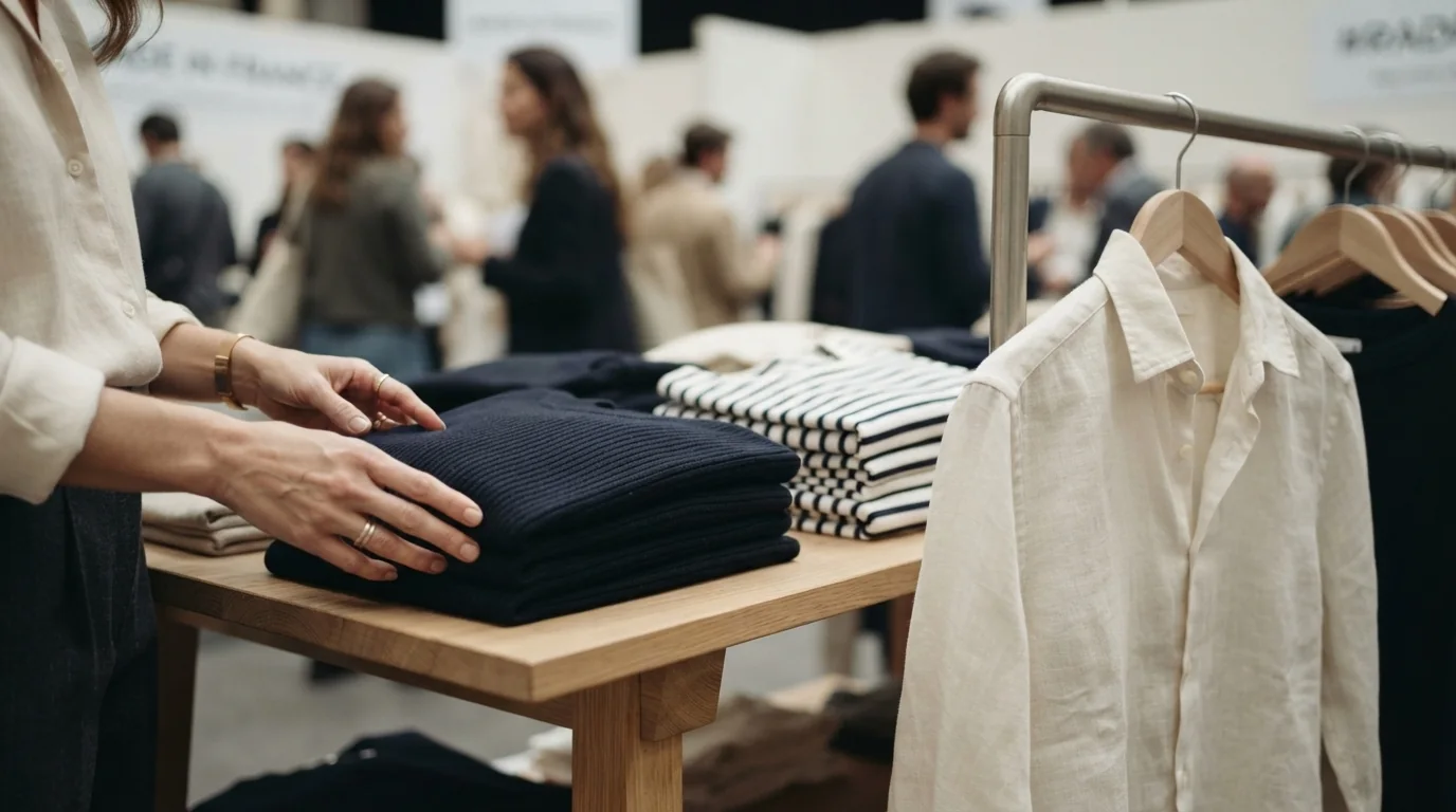 Une visiteuse touche un pull en maille bleu marine plié sur une table en chêne, à côté d'une pile de marinières rayées et d'une chemise en lin blanche sur un portant, sur un stand de vêtements fabriqués en France