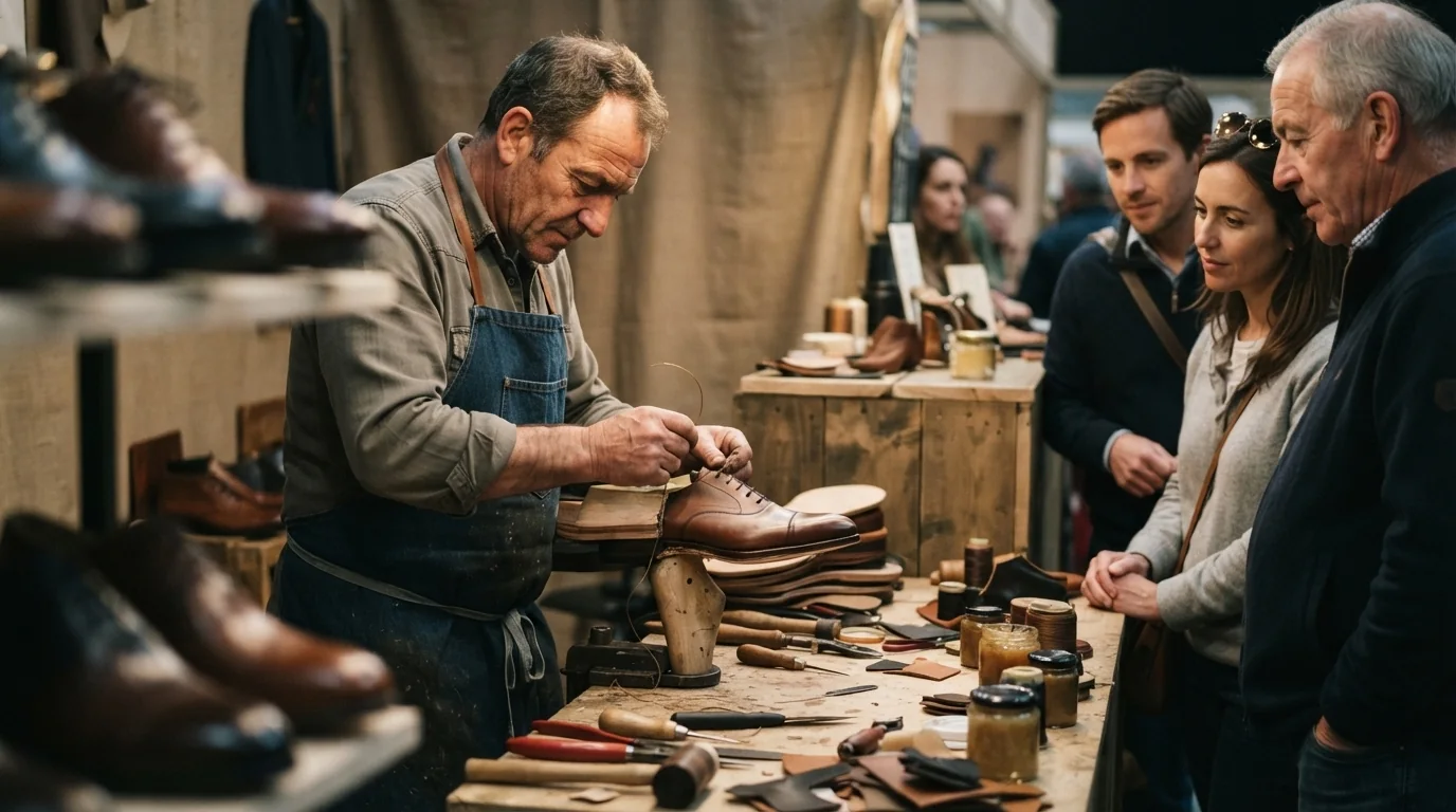 Un artisan bottier coud la tige en cuir d'une chaussure montée sur sa forme en bois, sur l'établi de son stand, pendant que trois visiteurs regardent la démonstration
