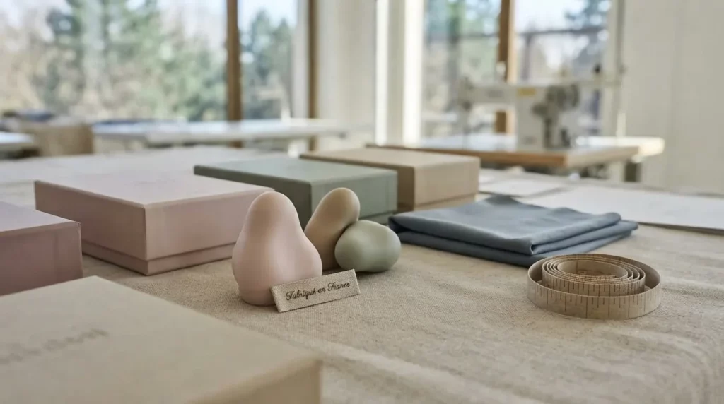Table d'atelier français avec des objets en silicone médical aux teintes pastel, leurs coffrets, une étiquette Fabriqué en France et un mètre ruban