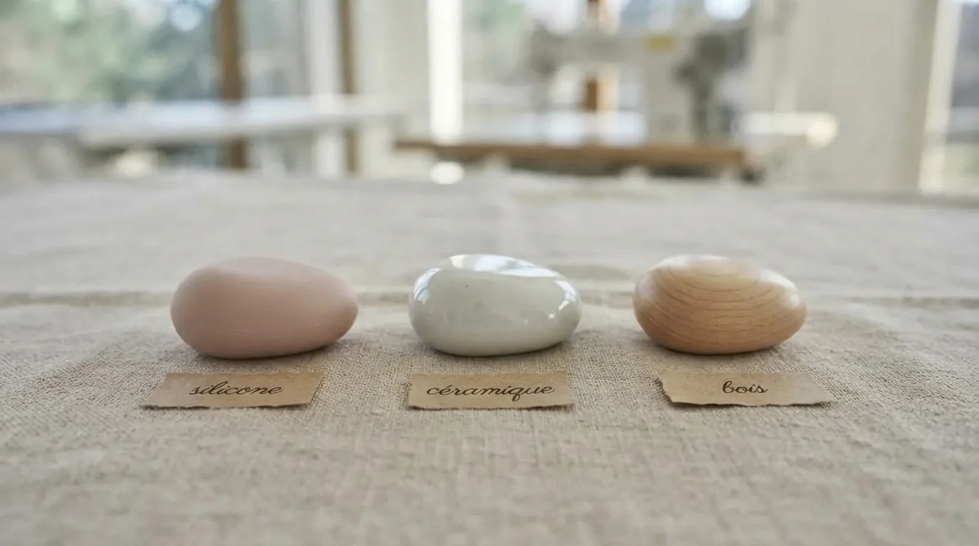 Trois échantillons de matières posés sur du lin : un galet en silicone médical rose, un galet en céramique émaillée blanche et un galet en bois poli, chacun avec son étiquette