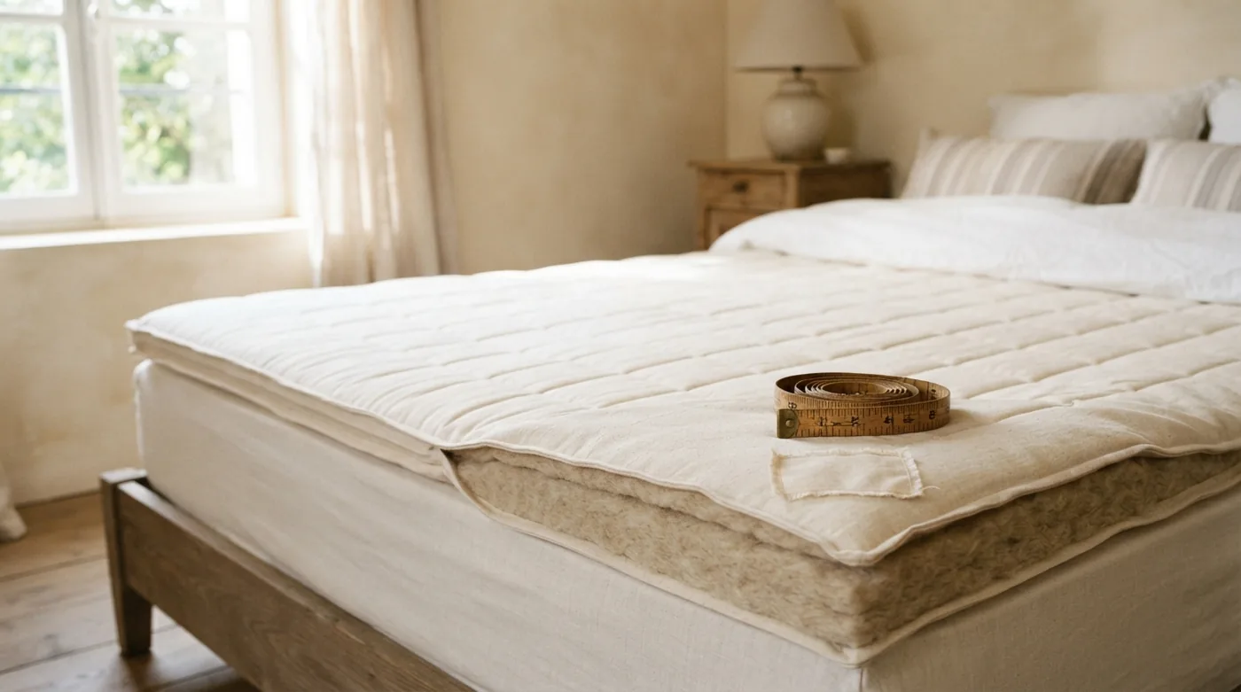 Surmatelas en coton écru matelassé posé sur un lit, coin relevé qui laisse voir une couche de laine naturelle, dans une chambre française baignée de lumière du matin