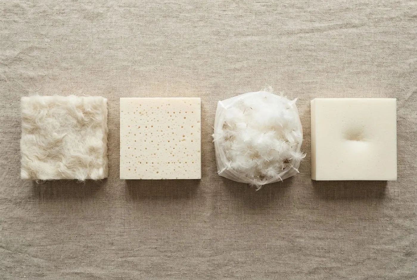 Quatre échantillons de garnissage de surmatelas posés sur du lin : laine cardée, latex naturel alvéolé, duvet et plumes, mousse à mémoire de forme
