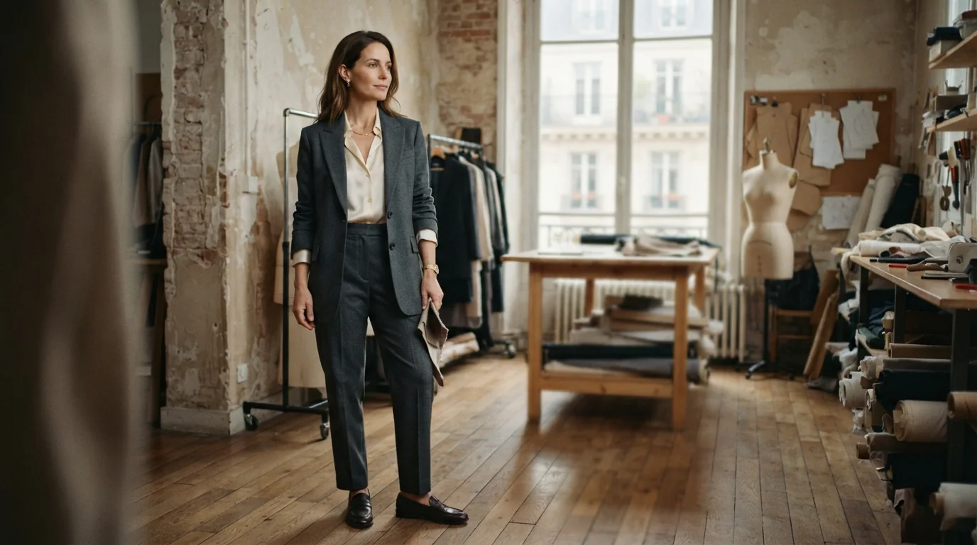 Une femme en tailleur de laine gris anthracite, veste ouverte sur une chemise de soie, debout dans un atelier de confection parisien avec ses rouleaux de tissu et son mannequin de couturière