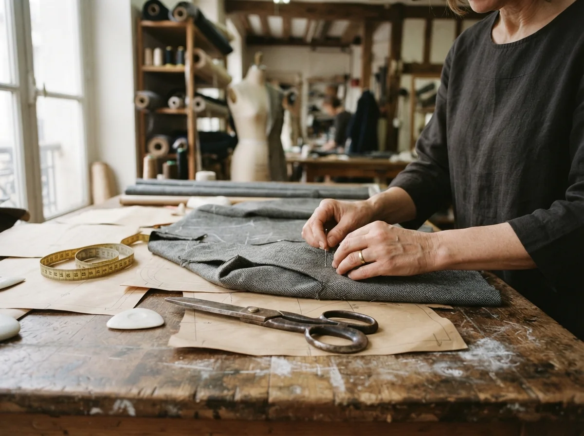 Les mains d'une couturière épinglant un revers de veste de tailleur sur une table de coupe, entre les patrons en papier kraft, les ciseaux de tailleur et le mètre ruban