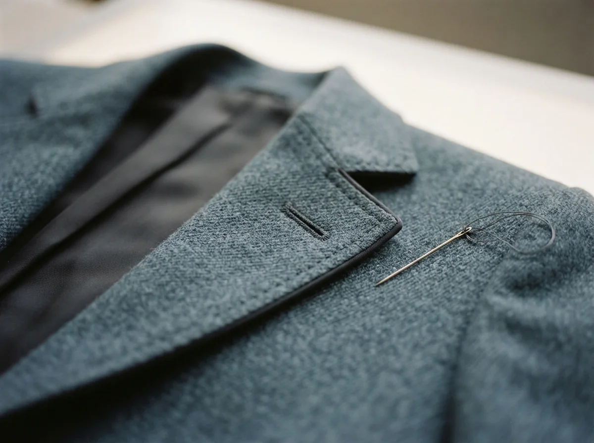 Gros plan sur le revers d'une veste de tailleur en laine peignée gris bleuté, sa doublure de soie et sa boutonnière passepoilée, avec une aiguille et son fil posés à côté