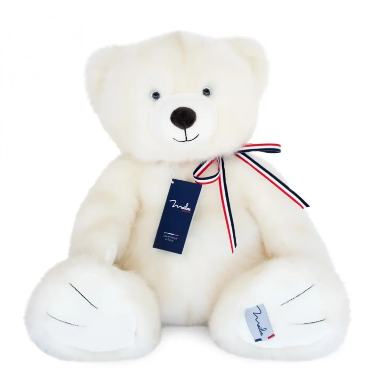 Ours en peluche L'Ours Français 35 cm, blanc poudré — Maïlou Tradition, cousu en Bretagne