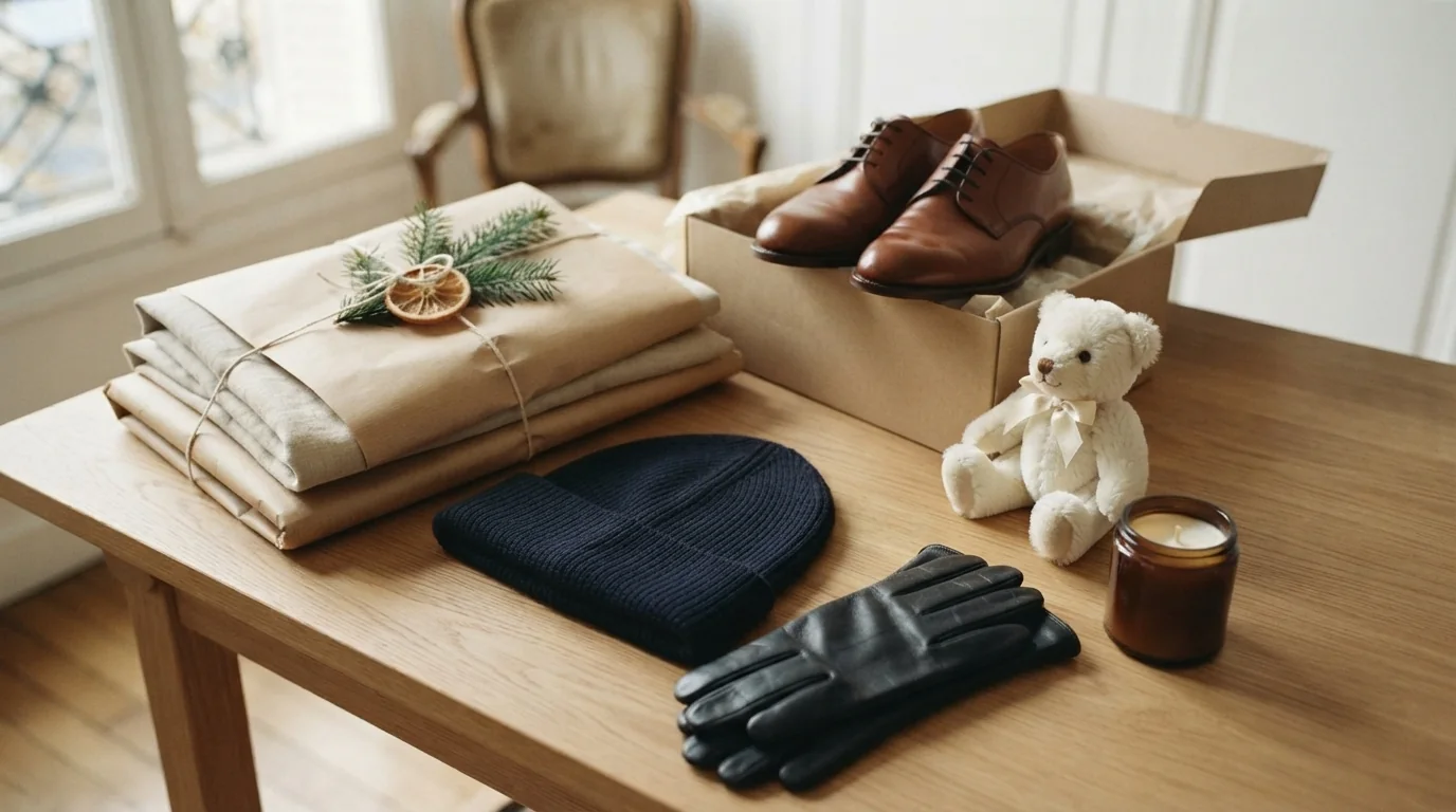 Cadeaux de Noël fabriqués en France sur une table en chêne : bonnet en laine marine, gants en cuir noir, derbies en cuir dans leur boîte, ours en peluche blanc, bougie dans un pot ambré et linge plié dans du papier kraft avec une branche de sapin
