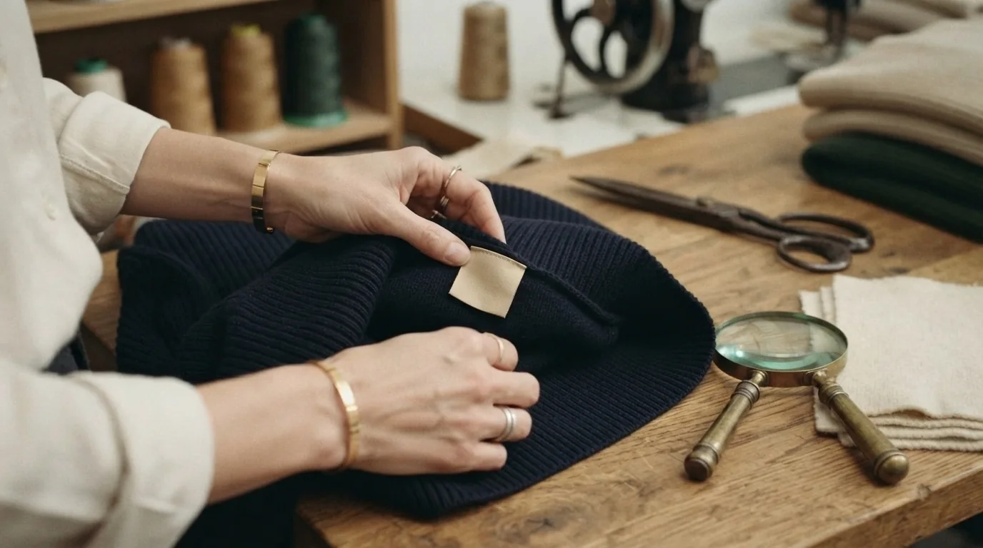 Deux mains retournent un bonnet en maille marine sur l'établi d'un atelier de tricot pour lire son étiquette cousue, une loupe et des ciseaux de tailleur posés à côté