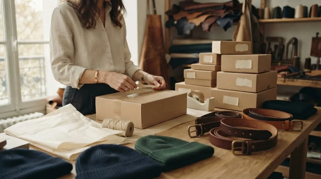 Une artisane ferme au ruban adhésif un colis en carton kraft sur la table d'emballage de son atelier, entourée de cartons prêts à partir, de ceintures en cuir et de bonnets en laine