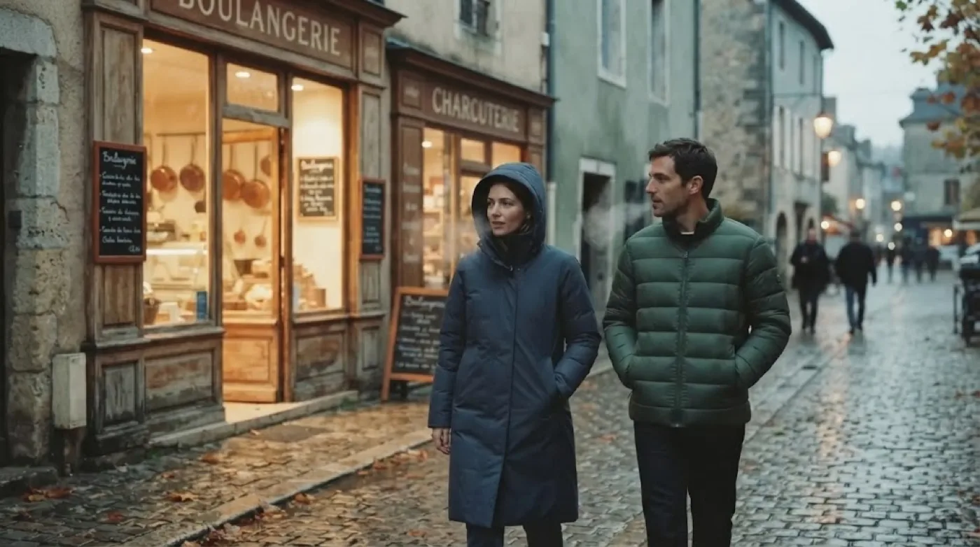Une femme en doudoune longue bleu marine à capuche et un homme en doudoune courte vert forêt marchent sur les pavés mouillés d'une petite ville française en fin d'automne, devant une boulangerie et une charcuterie éclairées