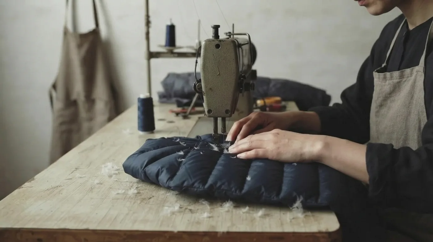 Les mains d'une couturière guident un panneau matelassé de doudoune bleu marine sous une machine à coudre industrielle, quelques flocons de duvet blanc sur l'établi en bois