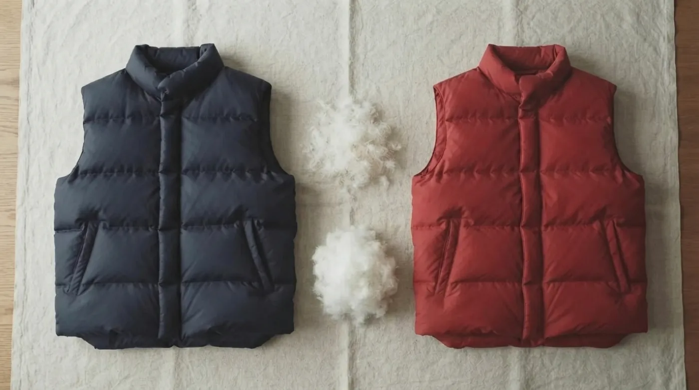 Deux doudounes sans manches posées à plat sur un lin clair, une bleu marine garnie de duvet et une rouge à garnissage synthétique, avec entre elles un flocon de duvet et une boule de ouate blanche
