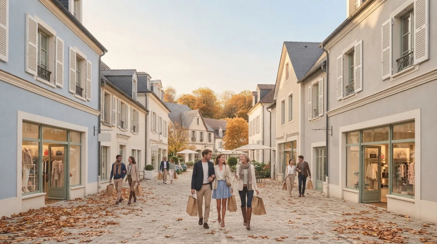 Une allée pavée d'outlet bordée de façades claires à volets blancs et toits d'ardoise, feuilles mortes au sol et clients chargés de sacs, l'ambiance d'un village de marques près de Paris à l'automne