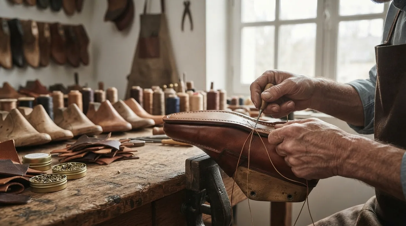 Les mains d'un artisan cousent au fil une chaussure en cuir marron calée dans un étau, devant des formes en bois et des chutes de cuir, dans un atelier de chaussures