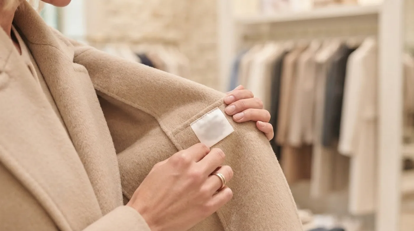 Dans une boutique de vêtements, une cliente retourne un manteau en laine pour lire l'étiquette cousue indiquant son origine, avant de passer en caisse