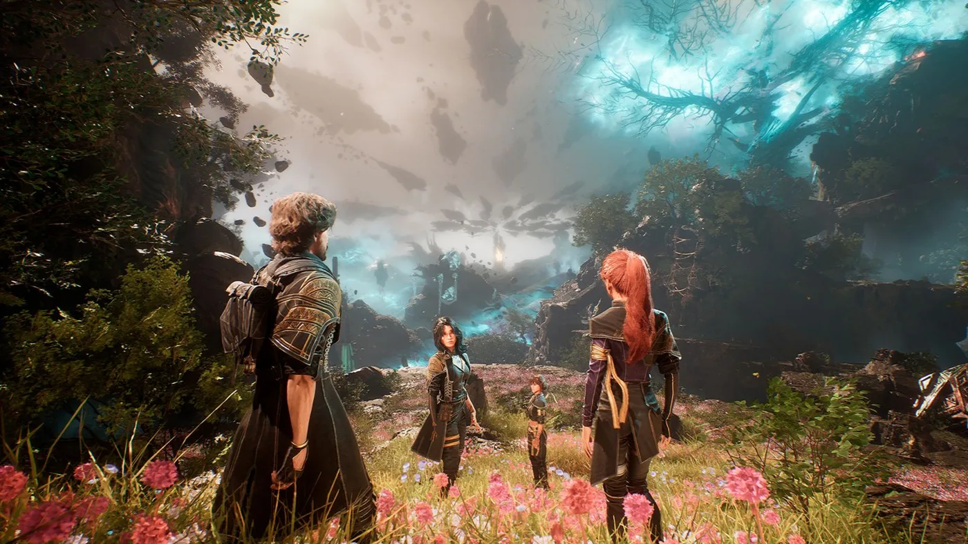 Capture de Clair Obscur : Expedition 33 : les membres de l'expédition, de dos, face à un paysage peint de forêt et de ciel turquoise