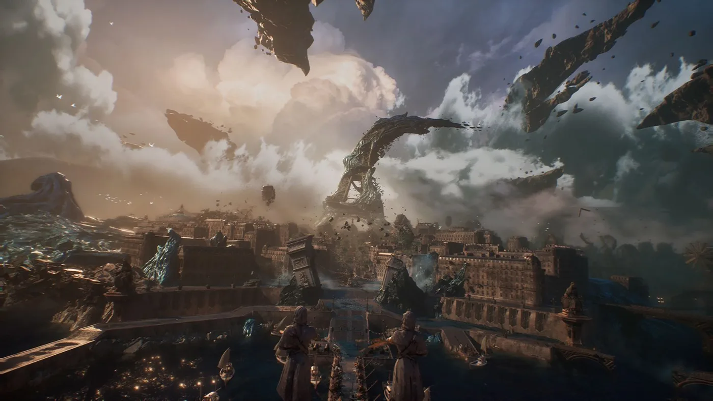 Capture de Clair Obscur : Expedition 33 : la ville de Lumière et ses immeubles de style Belle Époque sous un ciel où flottent des débris de roche