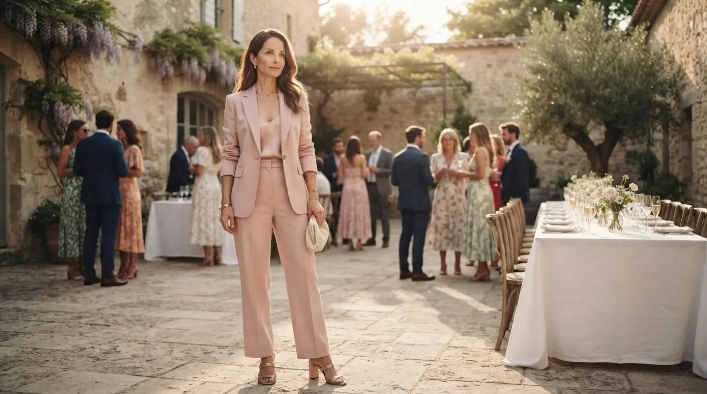 Une invitée en tailleur pantalon rose poudré, veste ouverte sur un caraco de soie, debout dans la cour pavée d'un domaine de mariage en fin d'après-midi, les autres invités et les tables nappées de blanc derrière elle