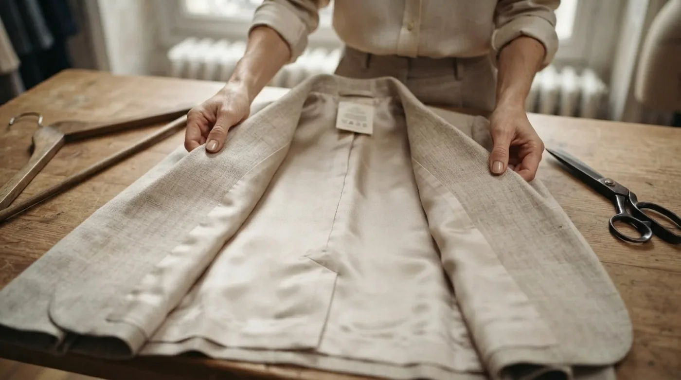 Deux mains ouvrent une veste de tailleur en lin beige sur une table en bois pour montrer sa doublure claire et l'étiquette cousue à l'intérieur, à côté d'un cintre et de ciseaux