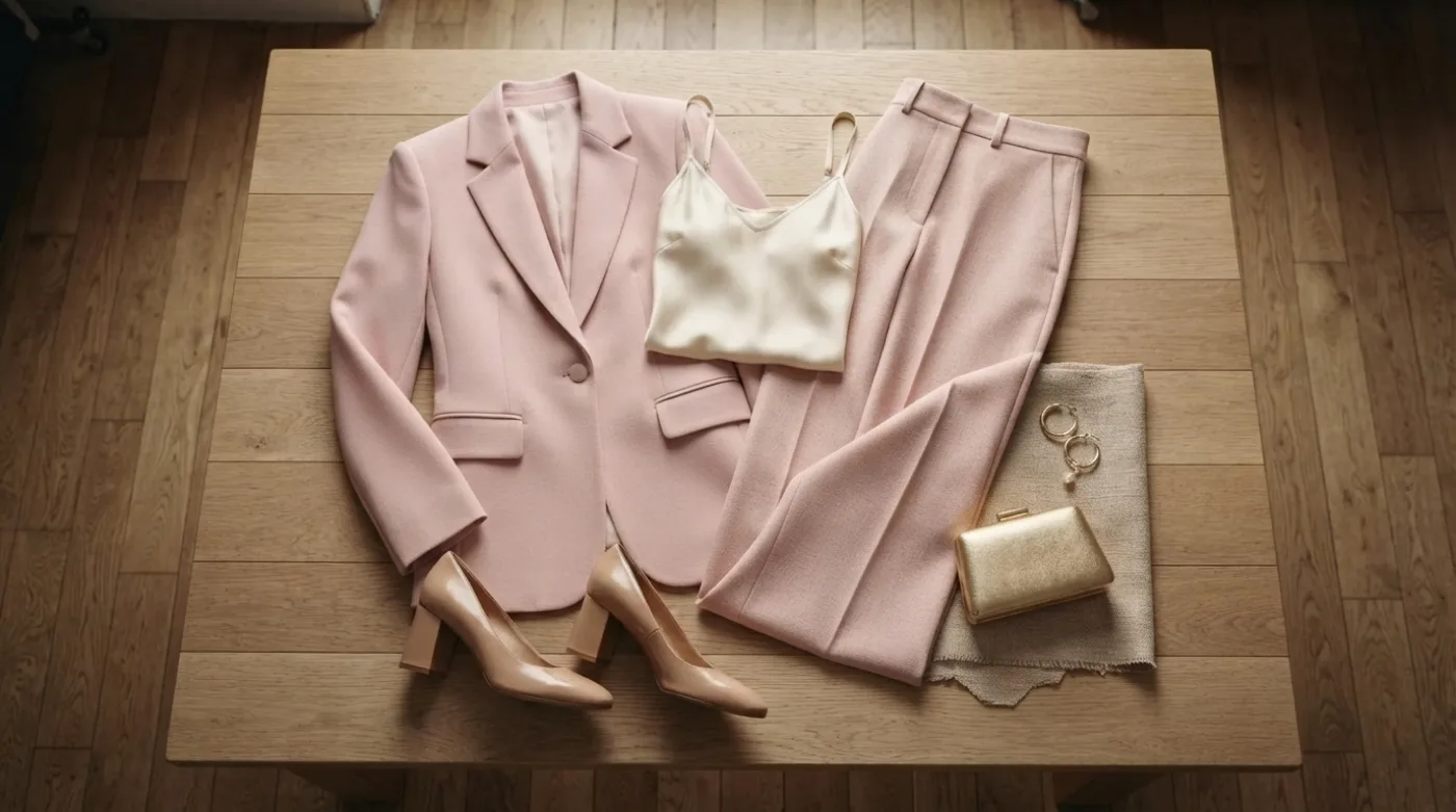 Tenue d'invitée de mariage posée à plat : veste de tailleur rose poudré, pantalon large rosé, caraco crème en soie, escarpins nude à talon carré, pochette dorée et boucles d'oreilles