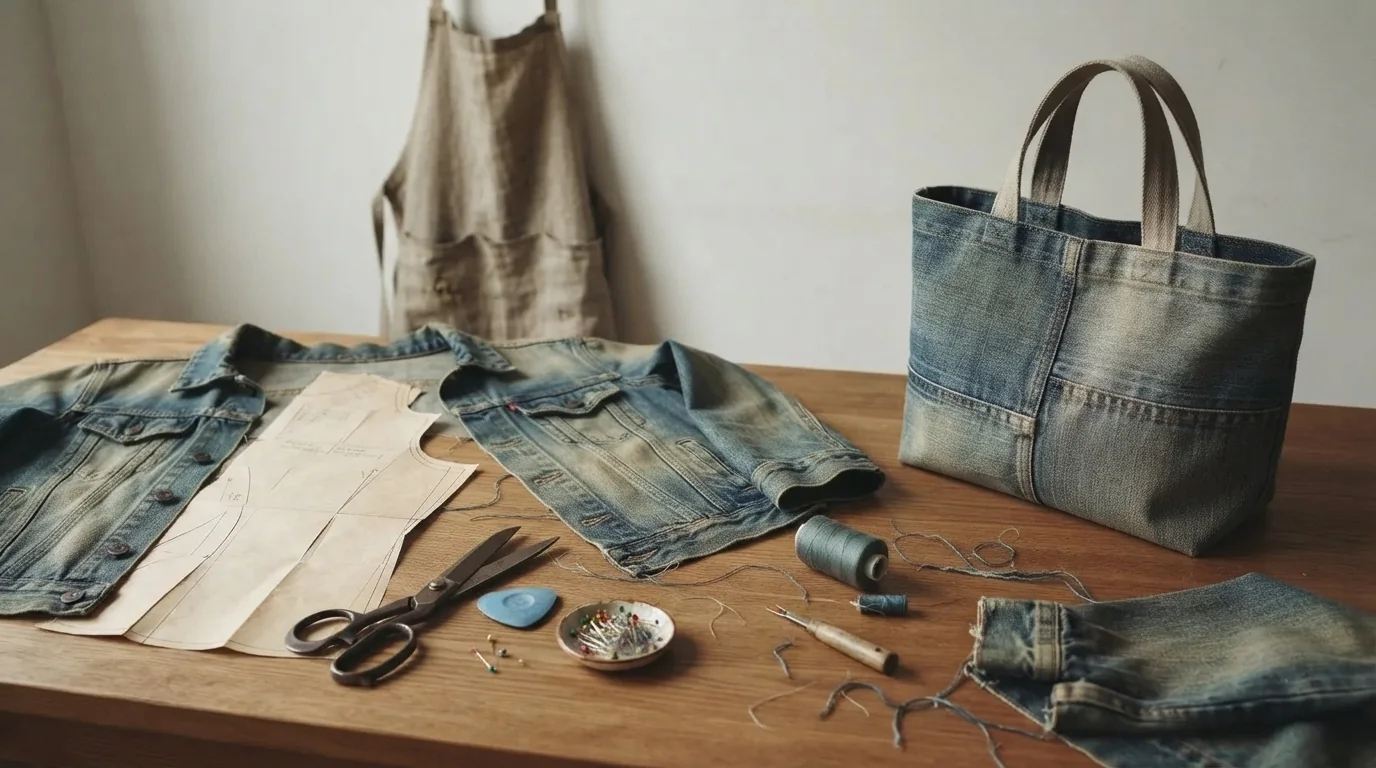 Veste en jean usée en cours de découpe sur une table d'atelier, à côté d'un patron en papier, de ciseaux de tailleur et d'un cabas cousu avec les panneaux de la même veste