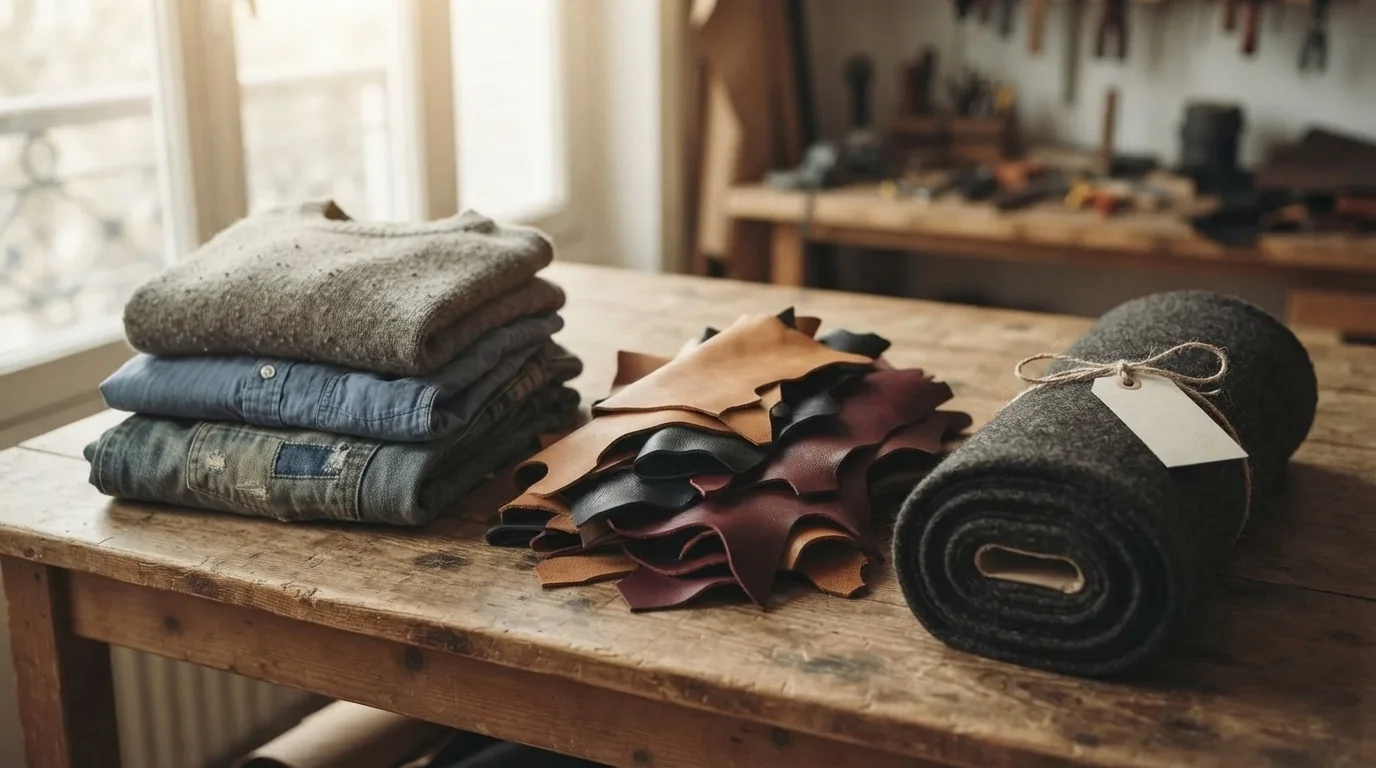 Les trois matières de l'upcycling posées côte à côte sur un établi : une pile de vêtements portés, un tas de chutes de cuir et un rouleau de tissu neuf étiqueté issu d'un stock dormant