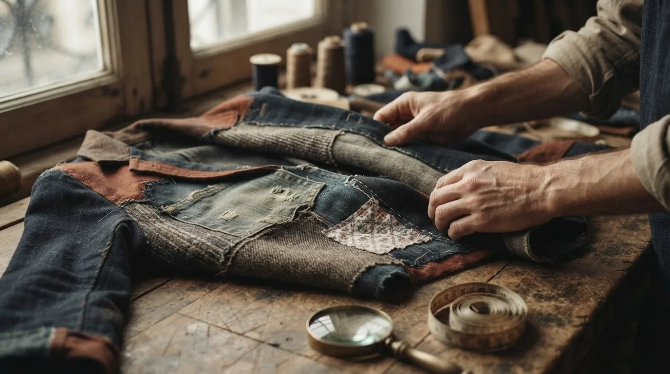 Deux mains retournent une veste en patchwork de tissus récupérés pour contrôler ses coutures intérieures, une loupe et un mètre ruban posés sur l'établi
