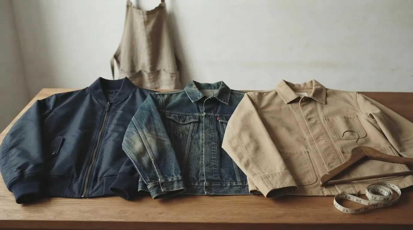 Trois vestes homme posées sur une table en bois : un bomber marine en nylon, une veste en jean indigo et une veste de travail beige à col chemise