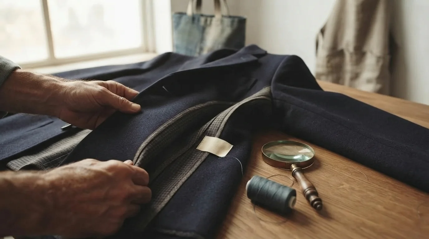 Deux mains ouvrent une veste en laine marine pour inspecter ses coutures intérieures, sa doublure et son étiquette, à côté d'une loupe et d'une bobine de fil