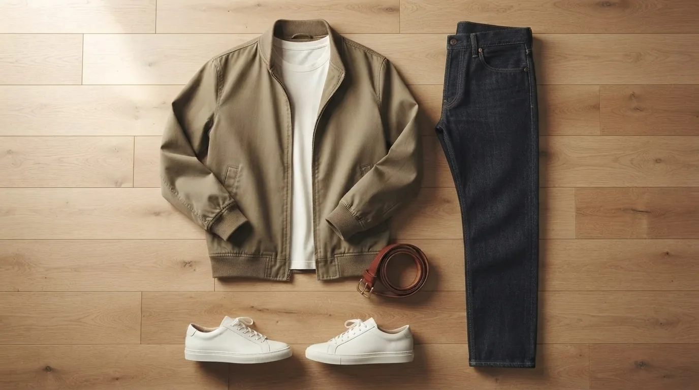 Tenue homme décontractée posée à plat : bomber kaki en coton, tee-shirt blanc, jean brut droit, baskets blanches en cuir et ceinture marron