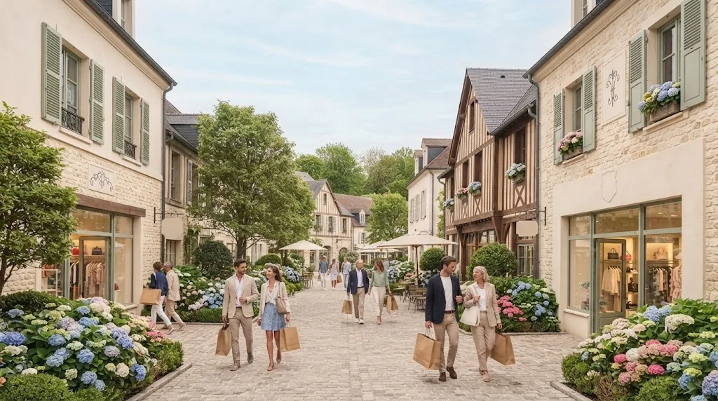 Une allée piétonne d'outlet bordée de façades claires et de colombages normands, massifs d'hortensias et clients chargés de sacs, l'ambiance d'un village de marques en Normandie