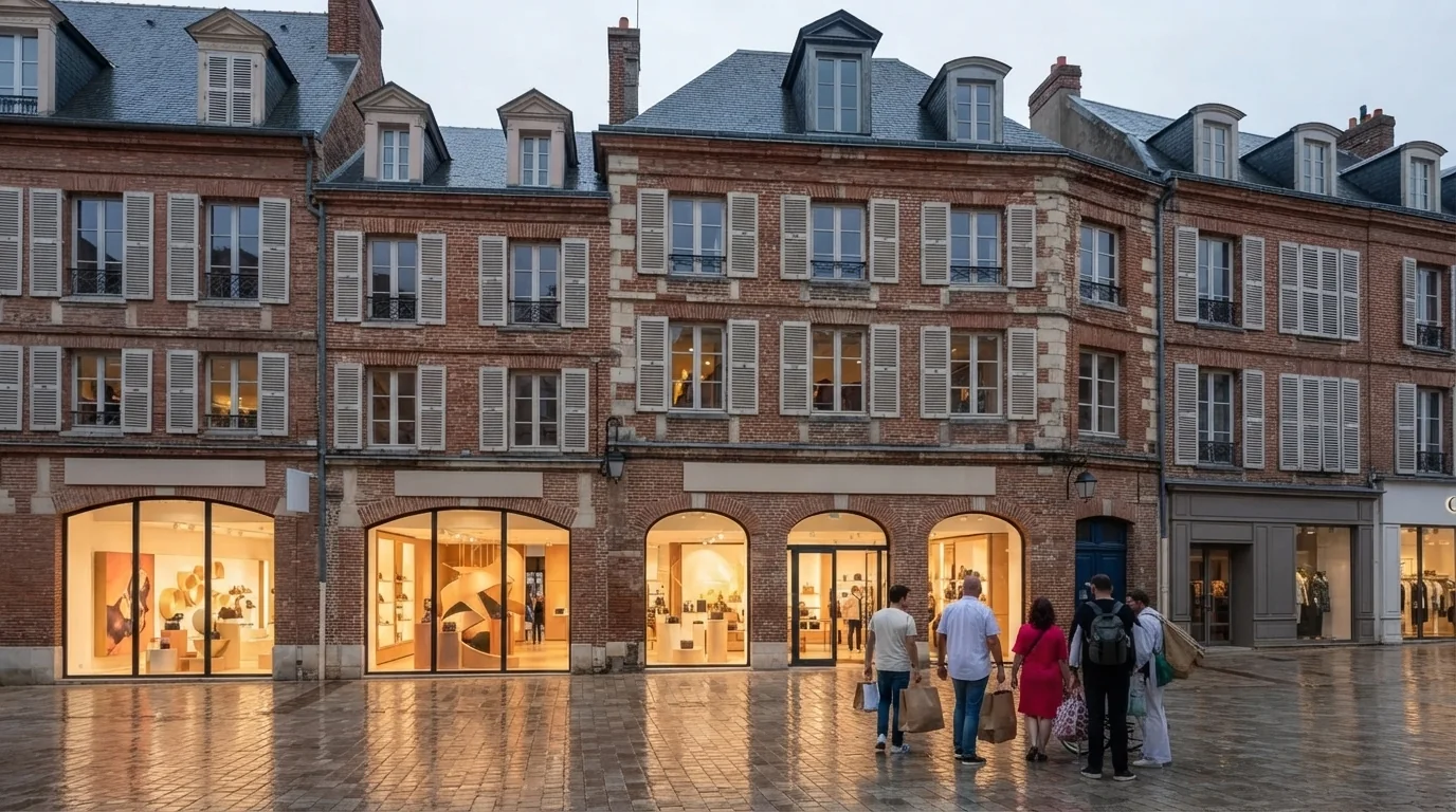 Une rue piétonne commerçante bordée de façades en brique rouge, vitrines éclairées et passants chargés de sacs de shopping sur des pavés mouillés, l'ambiance d'une journée d'outlet dans une ville textile du Nord